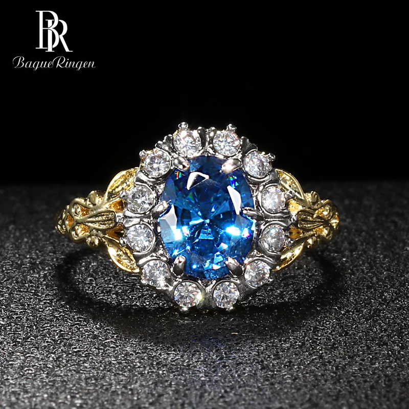 Bague Ringen, овальное кольцо с камнями для женщин, простое серебряное 925 ювелирное изделие, аквамарин, модная Цветочная форма, размер 6, 7,8, 9,10, юбилей - Цвет камня: Синий