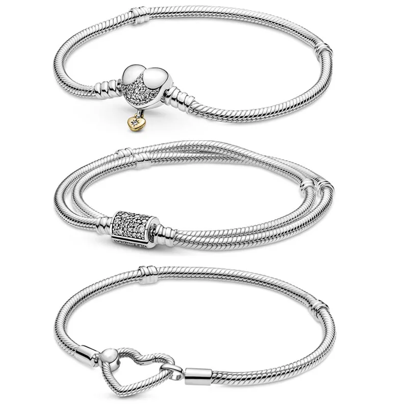 

100% 925 Sterling Silver Moments Heart Double Wrap Closure Snake Chain Bracelet Fit Europe Bangle Bead Charm Jewelry