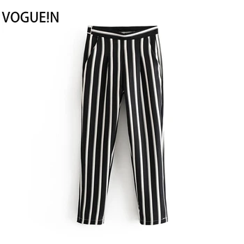 

VOGUEIN New Womens Elegant OL Black White Striped Print Pockets Zipper Pants Trousers Wholesale