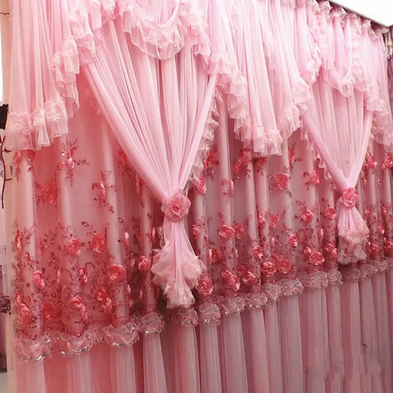 High Quality Lace Curtain Princess Beautiful Living Room Curtains Bedroom Wedding Flower Pink Purple 4 layers | Дом и сад