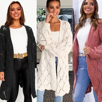 

Women Cardigan Solid Long Sweater Female Coat popular cross-border autumn and winter women's Lingge hollow knitted sweater