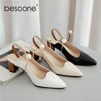 

BESCONE New Fashionable Women Pumps Concise Pointed Toe Square Heel High Pearl Decoration Slingbacks Shoes Elegant Pumps BO451