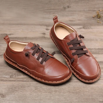 

2020 Autumn Women Shoes Flats Round Toe Genuine Leather Lady Footwear Handmade Retro Female Flat Shoes Loafersual shoes