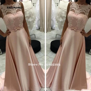 

SATONOAKI 2019 Lace Appliques A-Line Prom Dresses Sleeveless Sweep Train With Bow Ribbon Evening Party Gowns Vestidos De Soiree