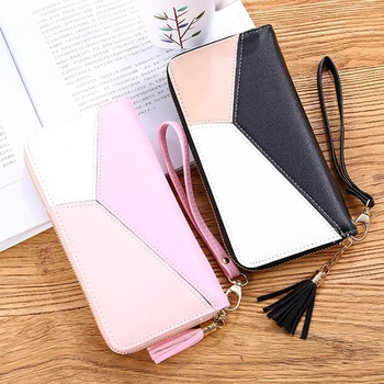 

Women Wallet Leather Contrast Color Stitching Wristband Wallets Zipper Wallet Clutch Bag Purse Cards Holder Phone Money Handbag