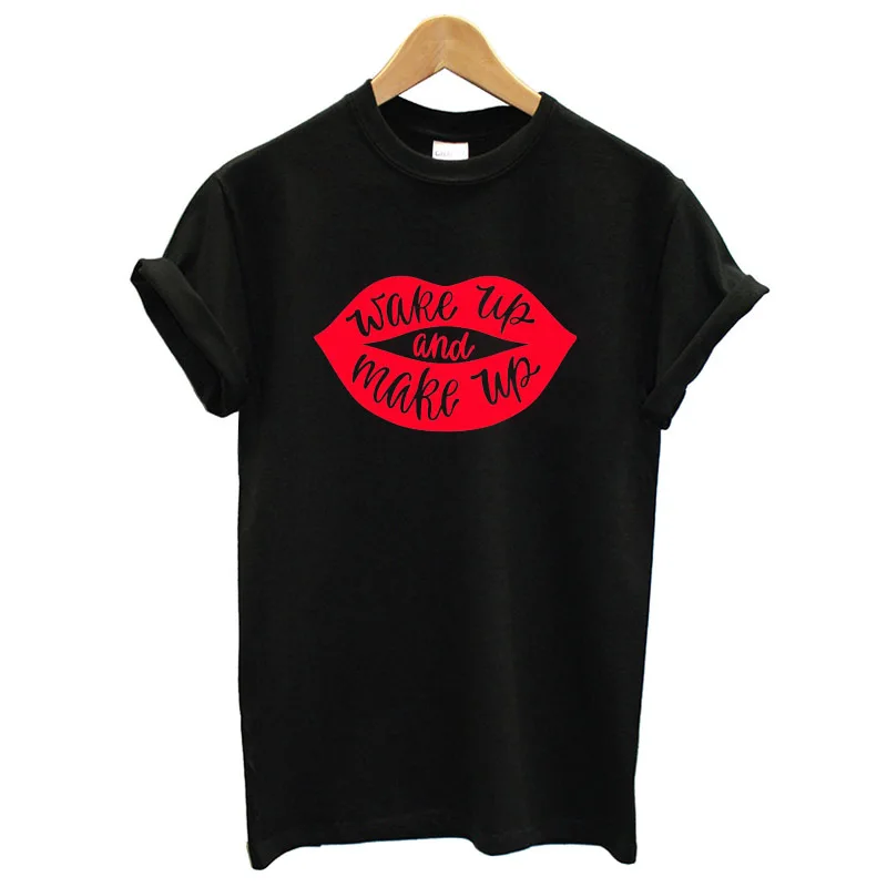 100% Pure Cotton T Shirt Wake Up Makeup Red Lip Print Women Short Sleeve O Neck Loose Tshirt 2020 Summer Causal Tee Tops | Женская