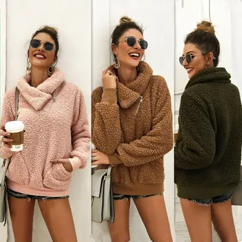 

Women Hoodie Sweatshirt Winter Zip Neck Plush Pullover Autumn Pocket Casual Coat /BY