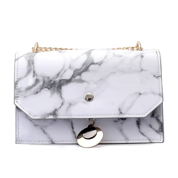 

Women Fashion Summer Marble Pattern Glossy Leather Chic Chain Bag Shoulder Bag Handbags Messenger Bag White