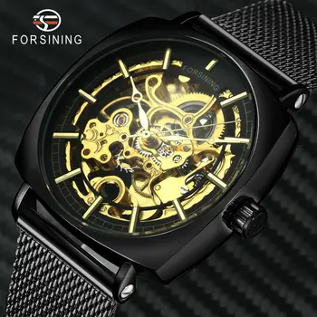 

FORSINING New Fashion Square Watch Men Automatic Mechanical Skeleton Watches Carved Design Stainless Steel Mesh Strap Wristwatch