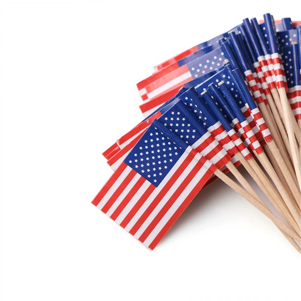 100pcs US/UK Flags Cake Decorative Flags Food Toothpicks Cupcake Toppers Cocktail Fruit Sticks For Party Birthday Decoration - Color: US Flags