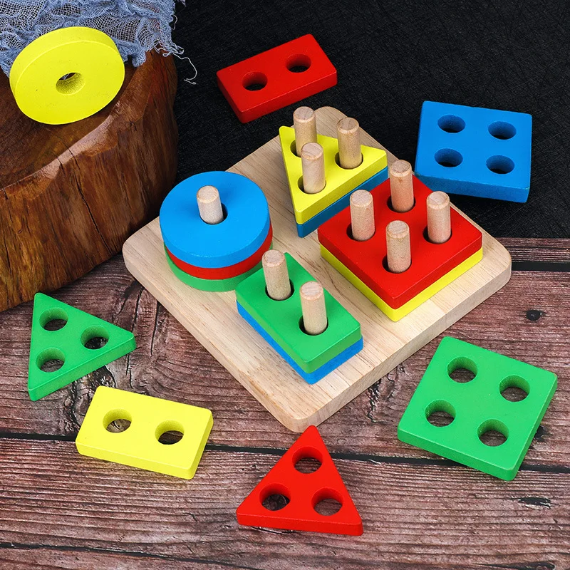 Young CHILDREN'S Wooden Four Column Baby Geometric Shapes Cognitive Early Childhood Educational Splicing Toys Manufacturers Dire | Игрушки