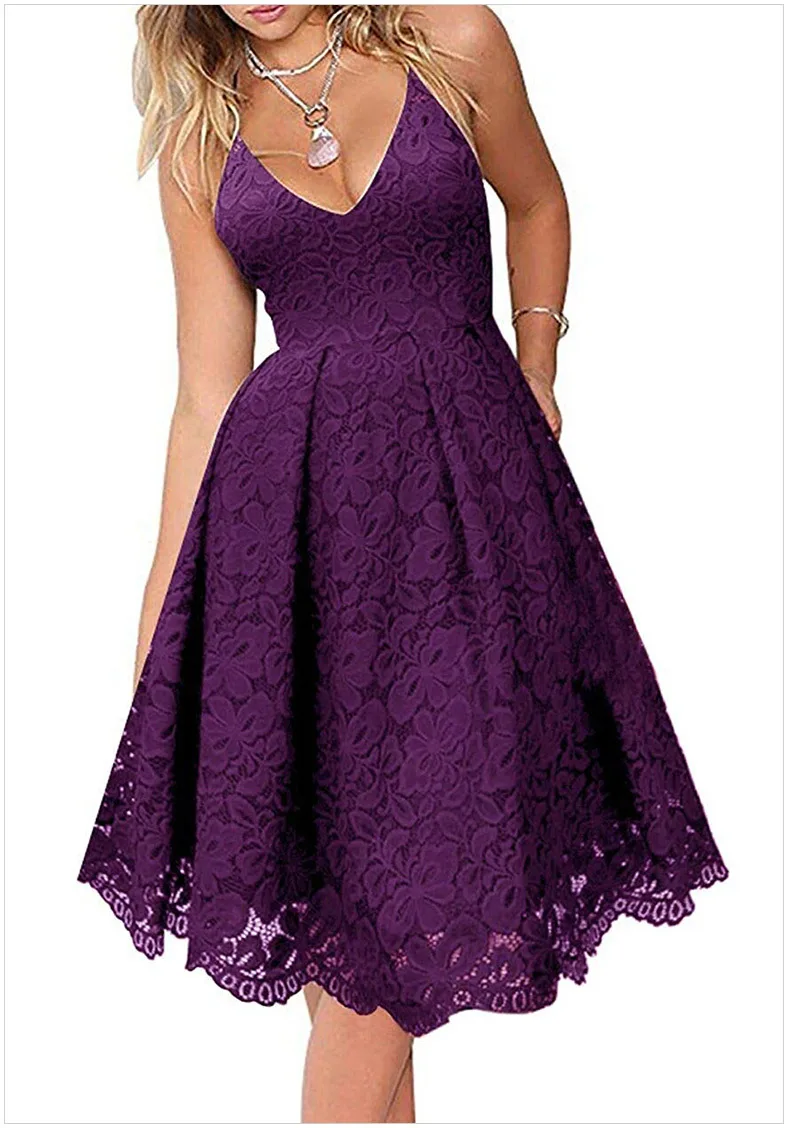

Wowen's Lace Ball Gown Spaghetti Strap Backless Slip Dress Midi Vestido Elegant Party Dress