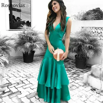 

Light Green Mermaid Long Prom Dresses 2019 V Neck Backless Tiered Skirts Formal Evening Party Dresses Vestido De Fiesta Custom