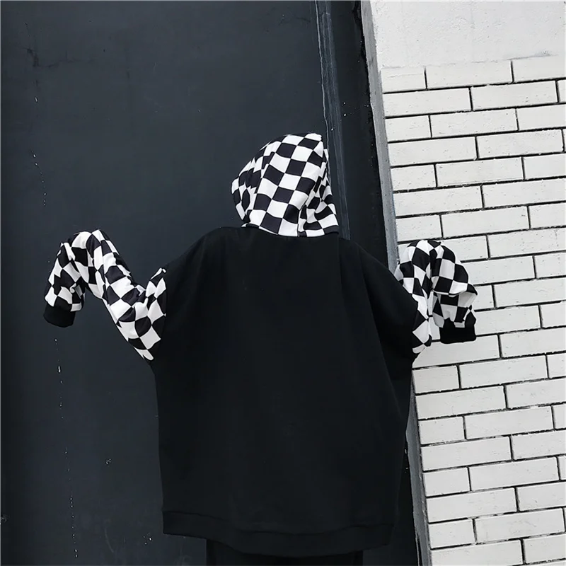 New Korean Harajuku BF hip-hop street loose cotton tops plaid stitching print pocket oversize hooded men and women sweatshirt