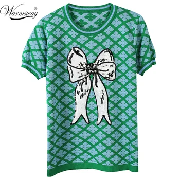 

Summer Runway 2020 Retro T-Shirt Women Knitted Tees Green Plaid Beading Tee Bow Sequins Femme Casual Short Sleeve Top B-061