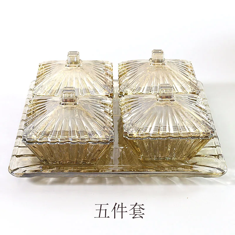 5pcs set (tray) Стеклянная банка для конфет Прозрачная с крышкой креативная коробка для сахара Бытовая тарелка для закусок Европейская Хрустальная стеклянная банка для конфет Рождественская тарелка - Цвет: 5pcs set (tray)