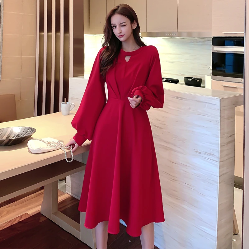 Casual red dress with sleeves Clearance