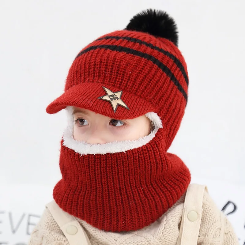 best men's bomber hats 2021 Winter Children's Hat Plus Velvet Warm Hat Scarf One Boy Woolen Cap Face Protection Bib Baby Hat Winter Hats for Girl Cap sheepskin flying hat Bomber Hats