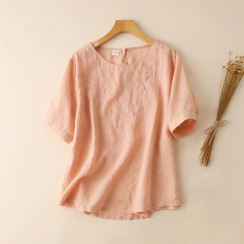 Летние женские футболки с цветочной вышивкой, свободные удобные дышащие топы рами, однотонные милые футболки с коротким рукавом и круглым вырезом