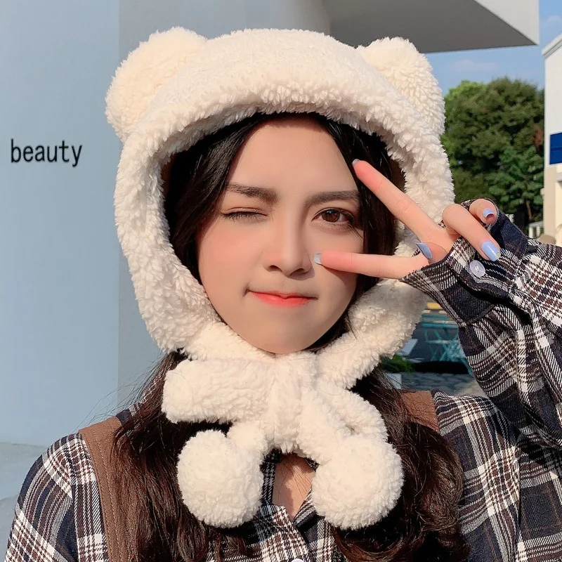 

Winter Cute Bear Ears Warm Hat Women Beanies Windproof Cap Student Women Add Wool Cap Female Bomber Hat Present