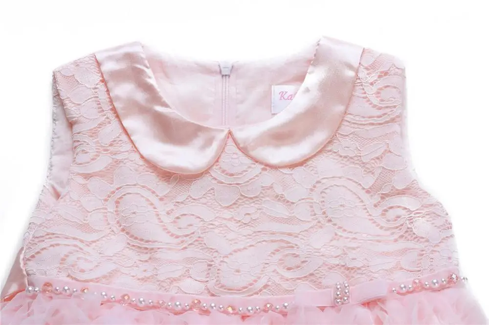 Для маленьких девочек свадебное платье розовый Vestido De Festa Тюль бусины кружево, платье на крестины, Праздничное платье принцессы вечерние 1 год на день рождения Одежда для детей