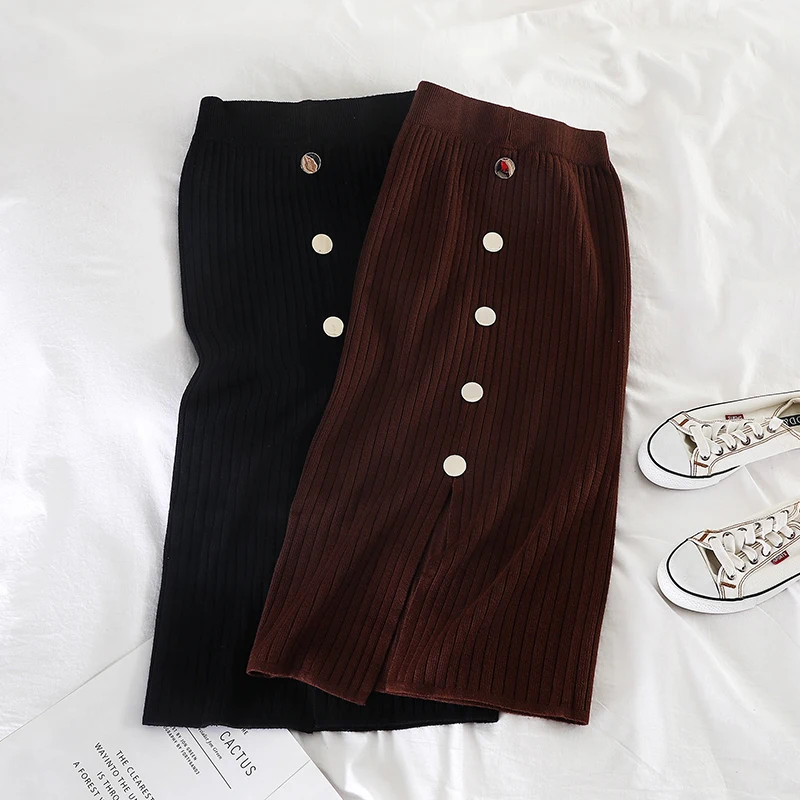

2019 new fashion women's skirts Temperament Korean high waist split knit slimming long skirt