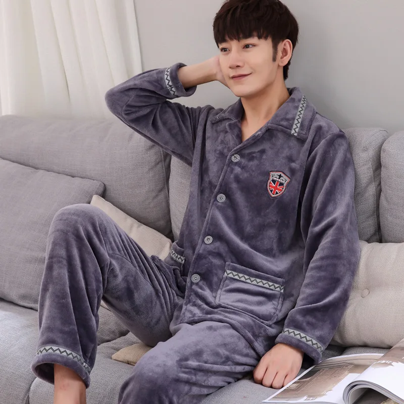 

Pajamas Men's Autumn And Winter Long Sleeve Thick Flannel Set Tracksuit Men's Winter Coral Velvet plus Velvet Spring And Autumn