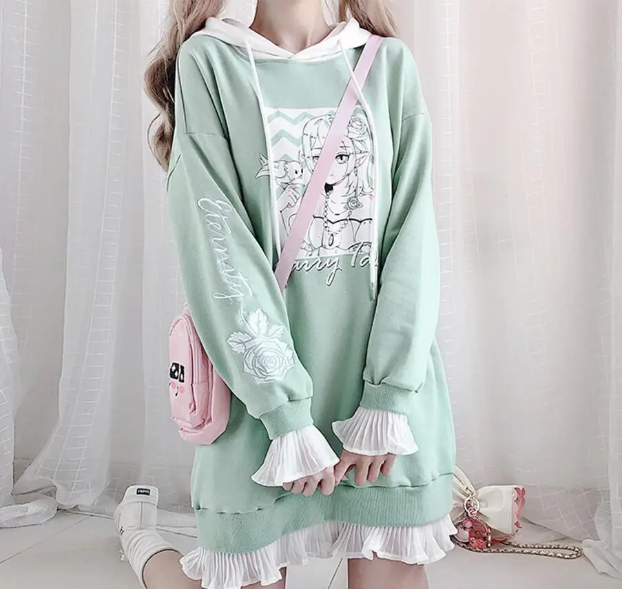 Mori Girl Kawaii сладкий Лолита роза Вышивка рюшами рукав длинные толстовки женские свежие Лоскутные шифон зеленый Толстовка с капюшоном