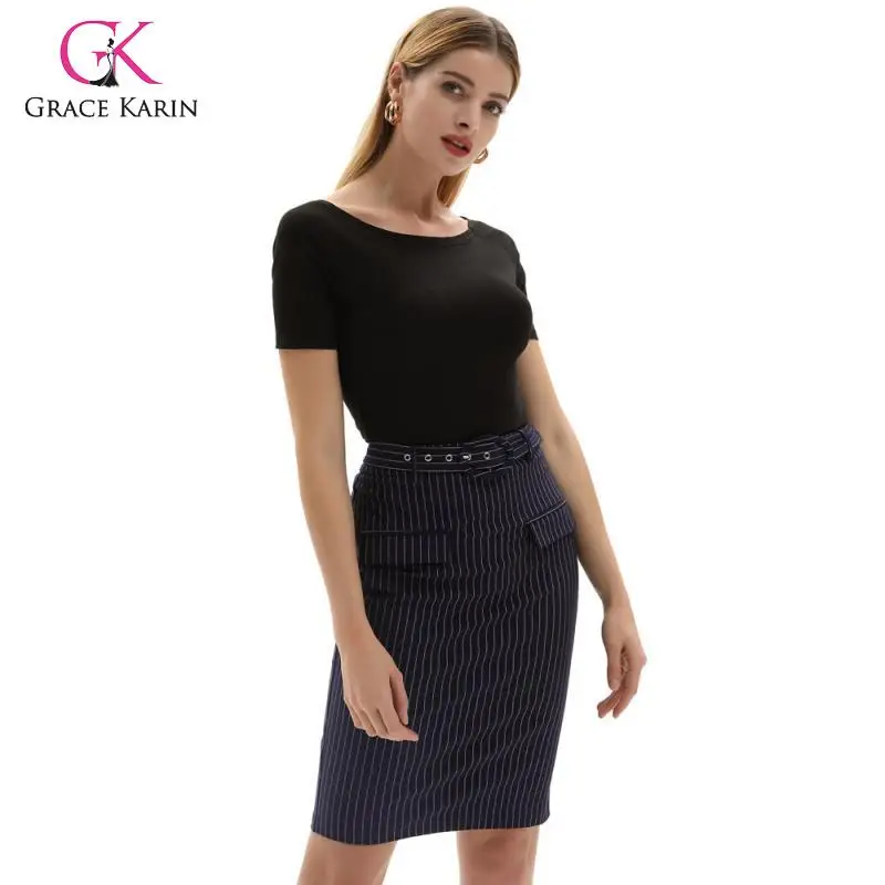 

Grace Karin Striped Women Skirt Belt Bodycon High Waist Skirt Casual Work Pencil Skirt Office Lady Skirt Summer Sexy Midi Skirts