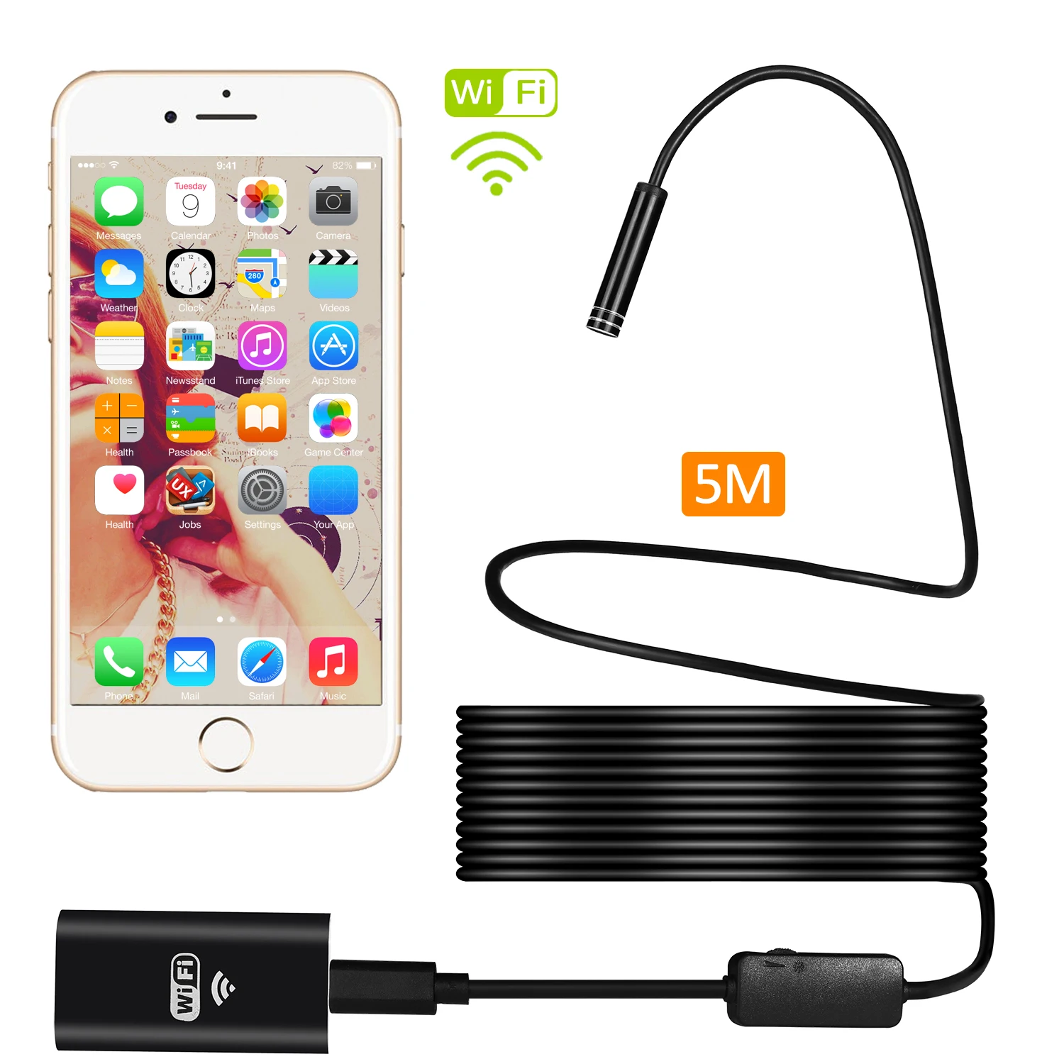 

WIFI Endoscope Camera Mini Waterproof Soft Cable Inspection Camera 9mm 5M 720p 6 Adjustable LED For Iphone&Android
