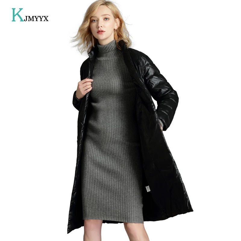 

KJMYYX Brand Autumn Winter Women Down Jacket Elegant Long Single Button 90% White Duck Down Jackets Women's Clothing Plus Size