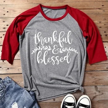 

Thankful & Blessed T-shirt Women 3/4 Sleeve Top 2019 O-Neck Baseball Tees Female T-Shirt Casual Femme Ladies Tops Tee 2 XL