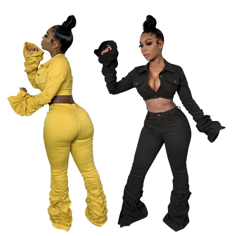 

2019 Autumn Winter Ruched Wrinkle Two Piece Set Puff Sleeved Crop Top Cardigan Bell Bottom Pants Sexy Casual Outfits For Women
