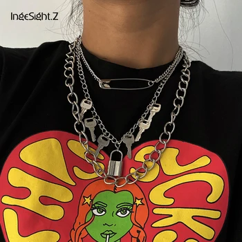 

IngeSight.Z 4Pcs/Set Vintage Multi Layered Key Padlock Pendant Necklace Punk Lock Paper Clip Curb Cuban Choker Necklace Jewelry