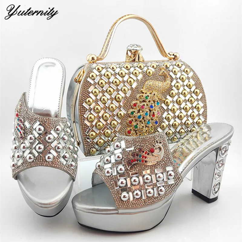 

African Style Peacock Shape Stones Shoes And Bag To Match Set Newest High Heels Woman Shoes And Bag Set For Wedding Size 38-43