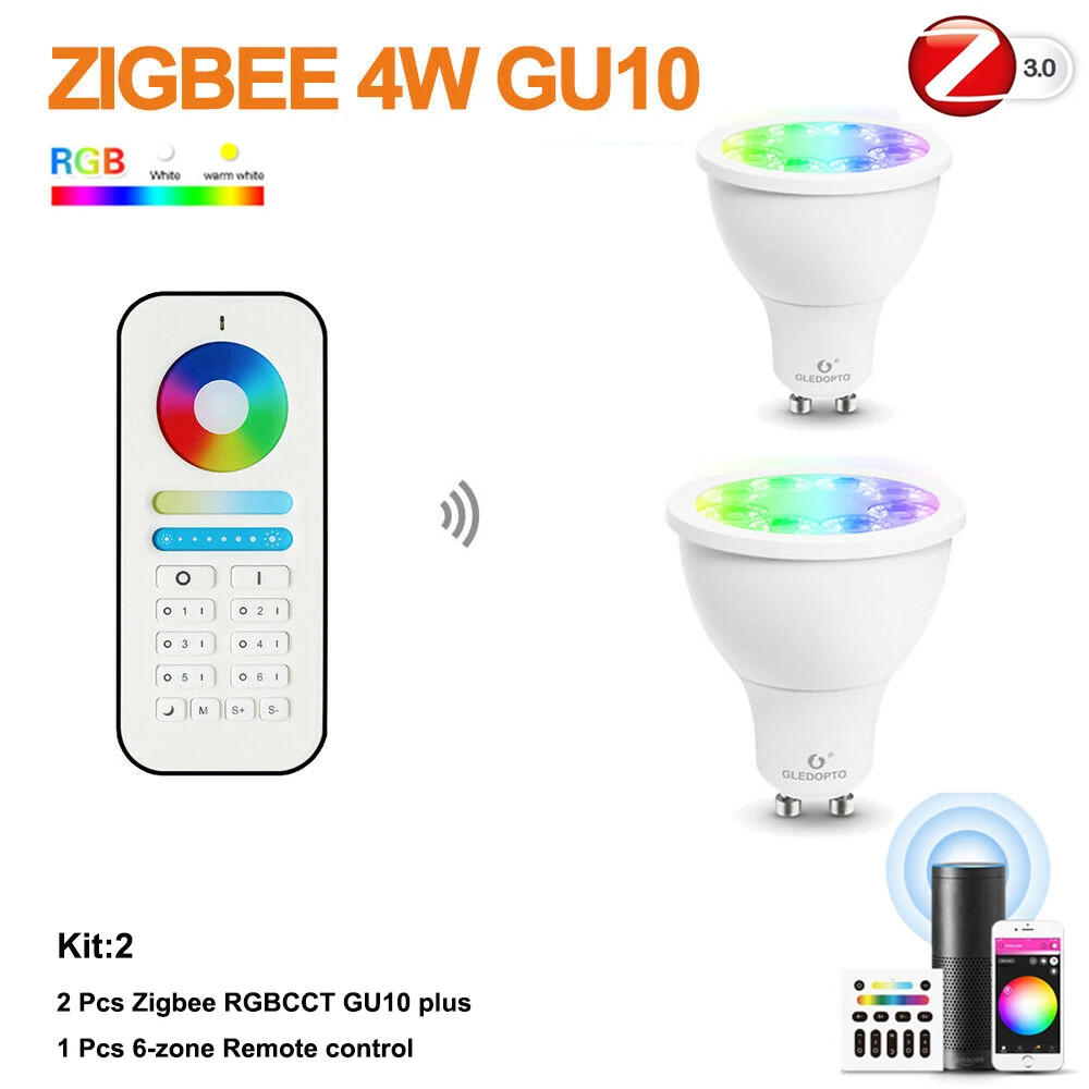 ZigBee Smart 4 Вт GU10 Spotlight RGB+ CCT светодиодный лампы+ 6-зоны РФ Пульт дистанционного управления Комплект работать с Zigbee 3,0 концентратор Alexa Echo плюс пульт дистанционного управления для/Голосовое управление Управление - Испускаемый цвет: Kit-2