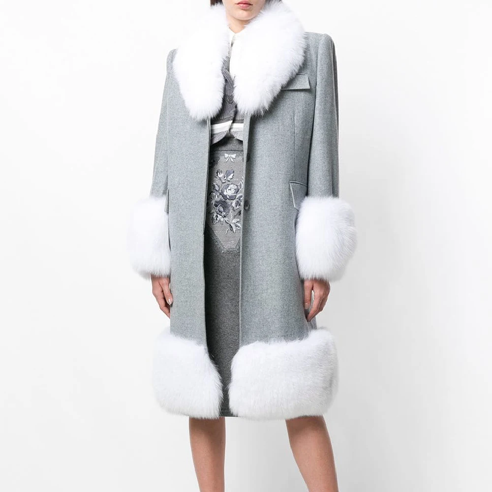 new Fashion Wool Blend large Coat Jacket With Natural white fox Fur Collar Genuine Leather Women Coats Luxury Winter