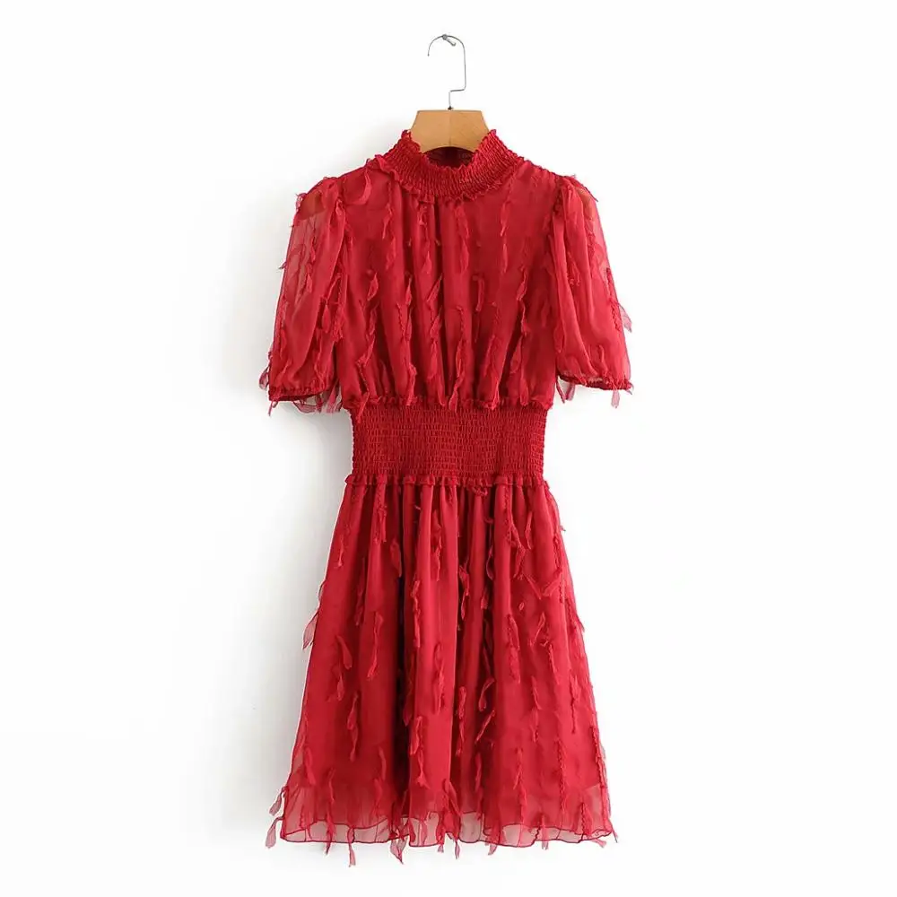 women fashion elastic stand collar tassel stitching chiffon red mini dress chic female short sleeve vestido party dresses DS3706