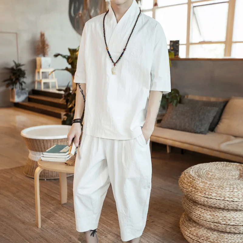 

2018 Summer Men's Embroidered Flax Three-quarter-length Sleeve Capri Harem Pants Chinese-style Retro Fashion Set