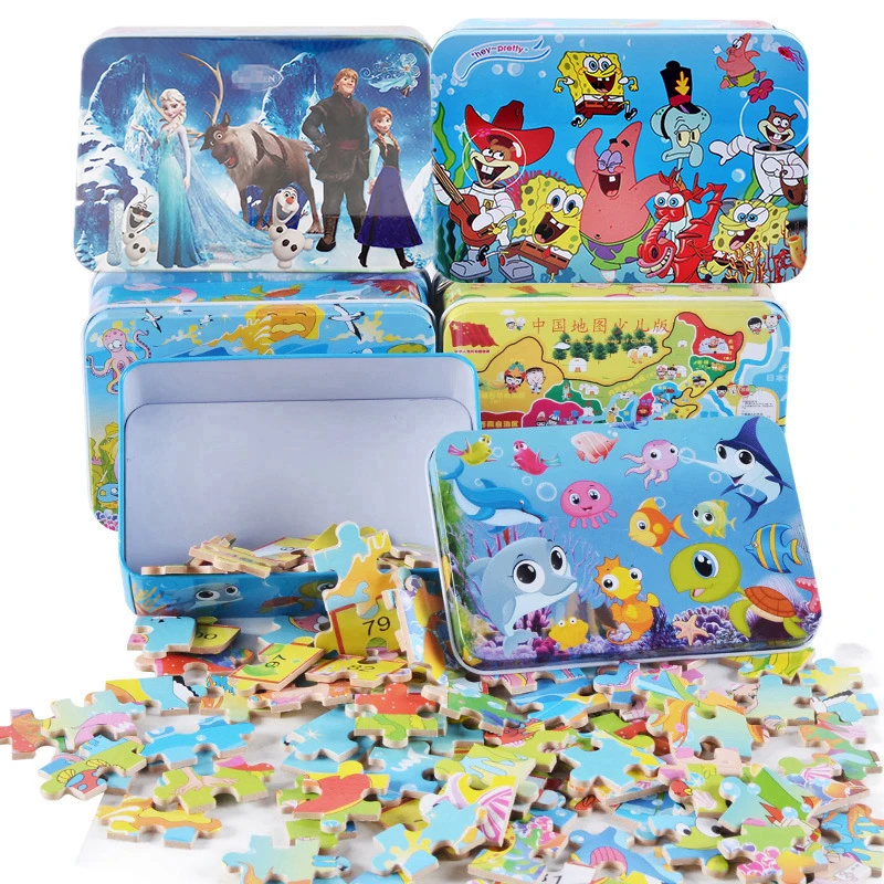 Non Toxic 100pcs Set Wood Jigsaw Puzzle Toy For Children Kids Early Educational Cartoon Puzzle Toy With Iron Box Boy Girl Gift On Aliexpress