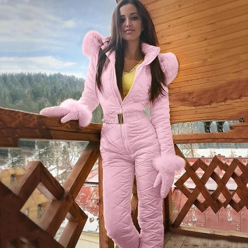 pink BKLD согревающий зимний женский модный лыжный зимний комбинезон на молнии с поясом и длинным рукавом, женский комбинезон с капюшоном, верхняя одежда из искусственного меха - Цвет: pink