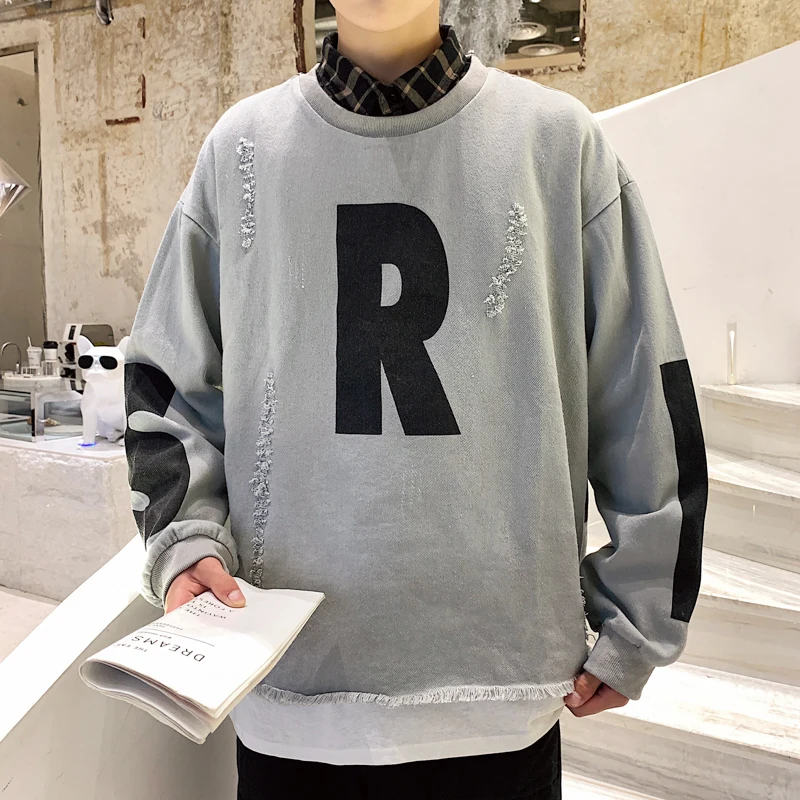 

2019 Spring Men's New Casual Contrast Color Round Neck Long-sleeved Hoodies Loose Temperament Trend Cotton Harajuku