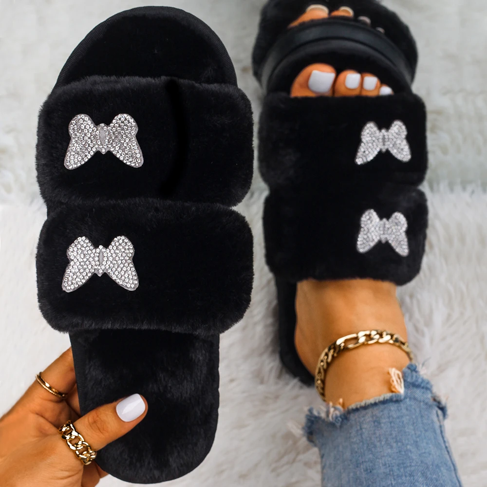 Women House Slippers Rhinestone Butterfly Decor Fluffy Slippers Double Strap Open Toe Furry Slides Flat Heel Winter Warm Shoes