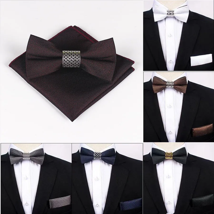 Classic Silk Bow Ties for Men Butterfly Plain Bow Tie Pocket Square Set Blue Black Silver Gray Purple Burgundy Brown Bowtie