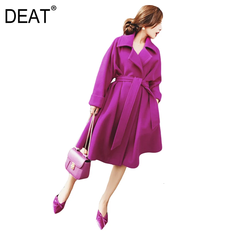 

DEAT 2020 Winter New Korean Female Woolen Coat In The Long Paragraph Lapel Lace Up Solid Color Loose Coat 19B-a95