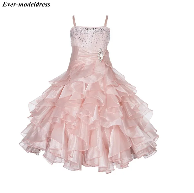 Blush Pink Розовые Платья с цветочным узором для девочек на свадьбу; коллекция года; пышные платья в пол с оборками и бусинами на тонких бретельках для первого причастия - Цвет: Blush Pink