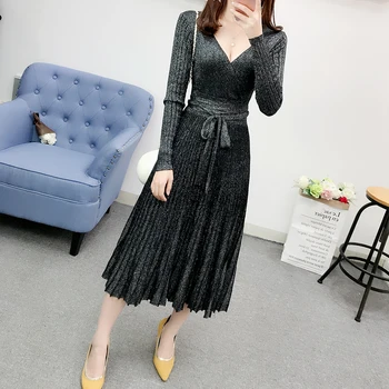 

Elegant women Autumn and winter new sexy V-neck bright silk knit dress female high waist tie Slim pleated dress big swing spring