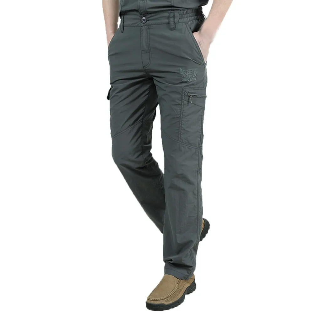 Спортивные брюки, мужские брюки для бега размера плюс, хлопковые брюки, много карманов, стиль, для улицы, быстро сохнут, дышащие мужские брюки карго - Цвет: Gray