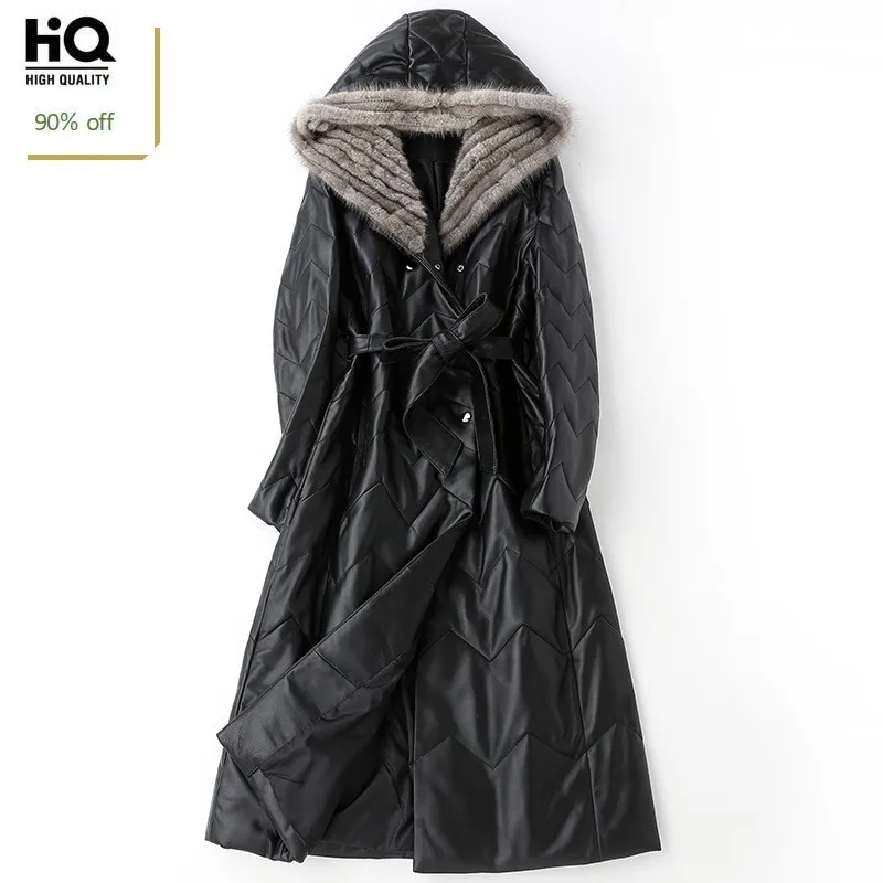 

2020 Office Ladies Winter Sheepskin Genuine Leather Jacket Women Fur Collor Hoody Overcoat Long Down Jacket Belted Slim Fit Coat
