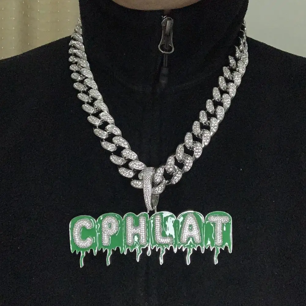 Bubble Chain Pendant Iced Rope Custom Letter Green Drip Necklace Silver Gold Hip 